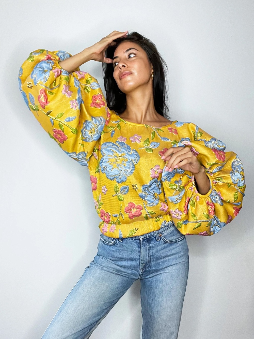 Arianne Elmy Good Luck Metallic Floral Top Yellow Medium EUC